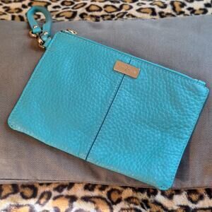 Cole Haan Wristlet Turquoise Clutch Pebbled Leather Classic Going Out Preppy